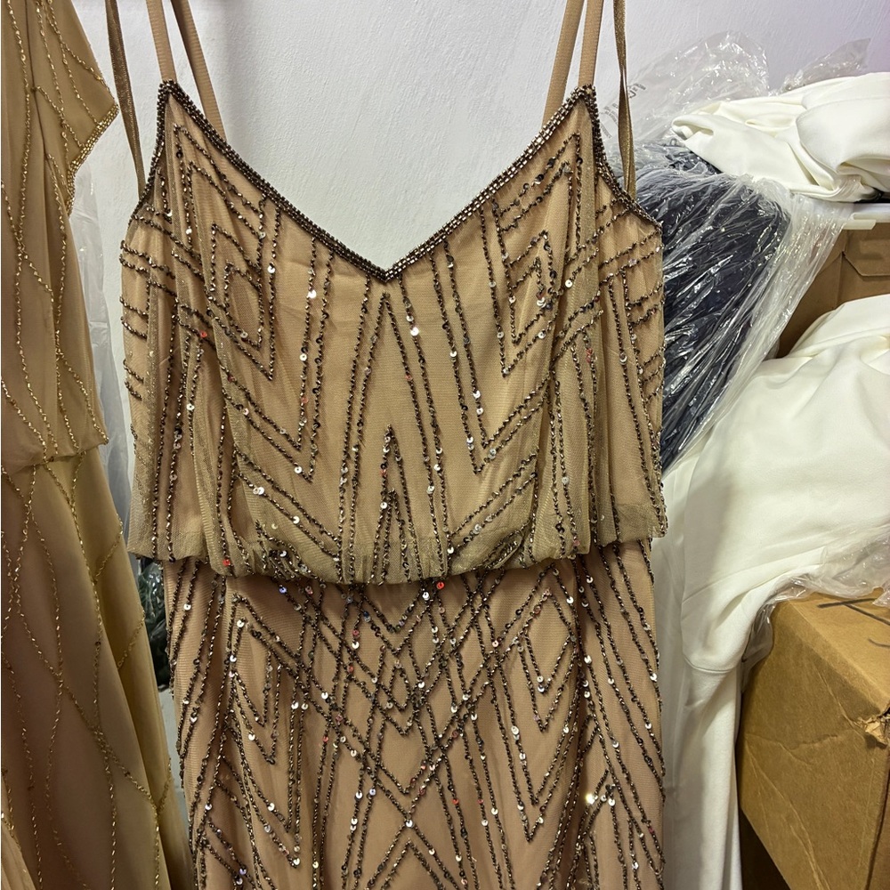 Adrianna Papell NWT SZ 4 Champagne Beaded Evening Gown Art Deco GALA MOB Formal - Picture 6 of 10